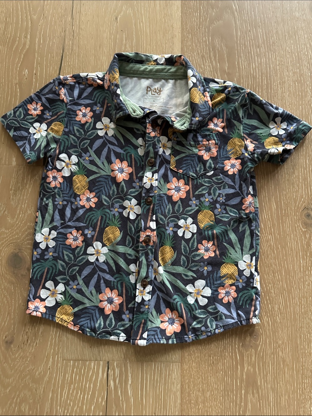 Little Sleepies Tropical Floral Short Sleeve Shirt - Navy with Green & Peach